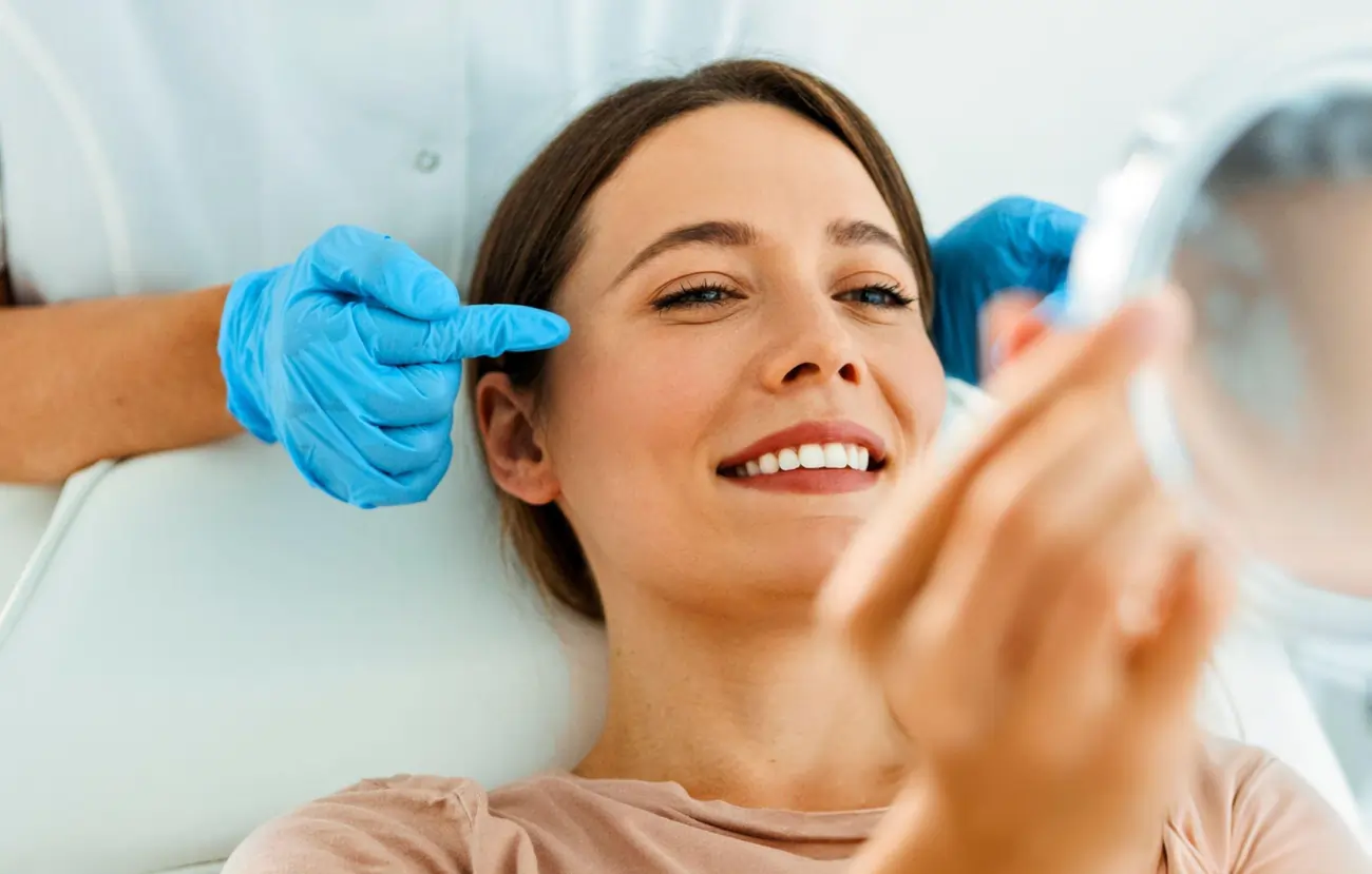 A smiling woman looks in a mirror while a doctor in blue gloves points to her face, a consultation for cosmetic platelet-rich plasma (PRP) therapy.