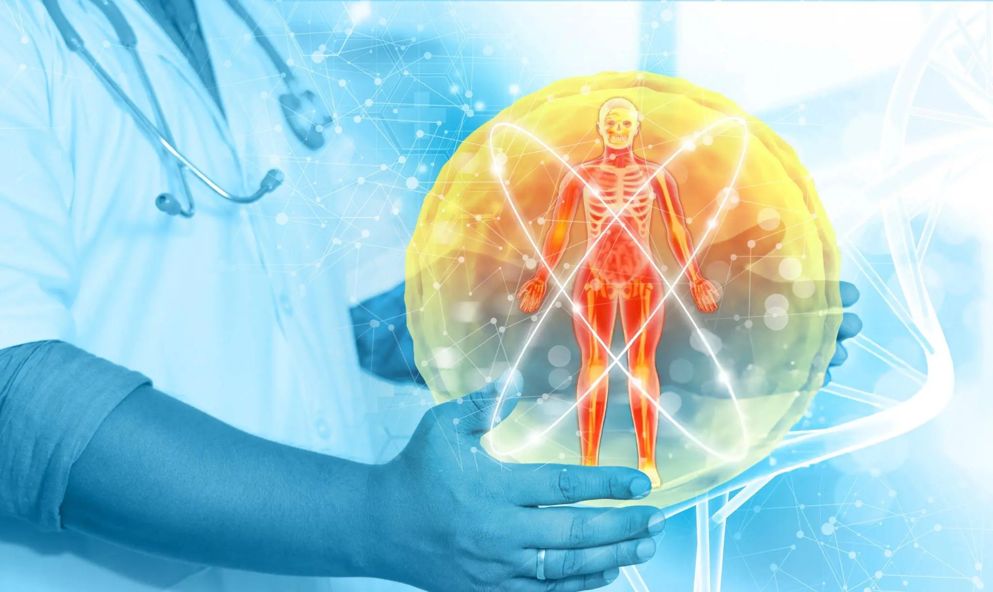 Conceptual illustration of stem cells and human anatomy—representing fat-derived stem cell therapy for natural recovery in Mexico