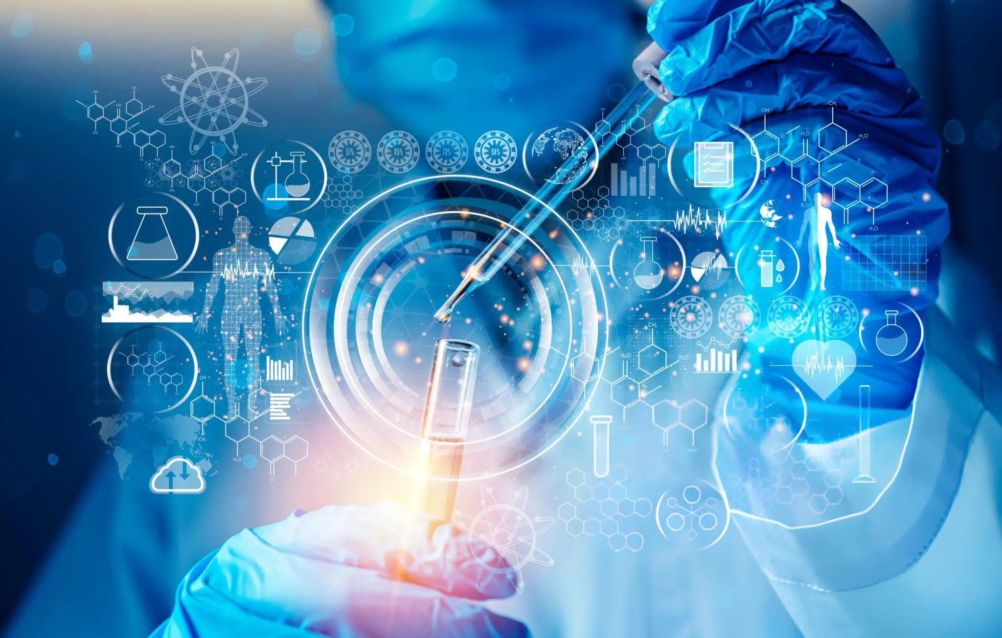 Scientist handling test tube with digital biotech overlays—representing clinical research supporting fat-derived stem cell therapy