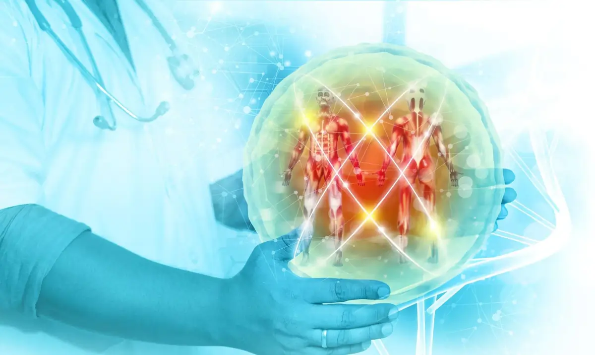 onceptual image of stem cells and human anatomy, illustrating how mesenchymal stem cells regenerate nerve tissue and reduce inflammation in neuropathy treatment