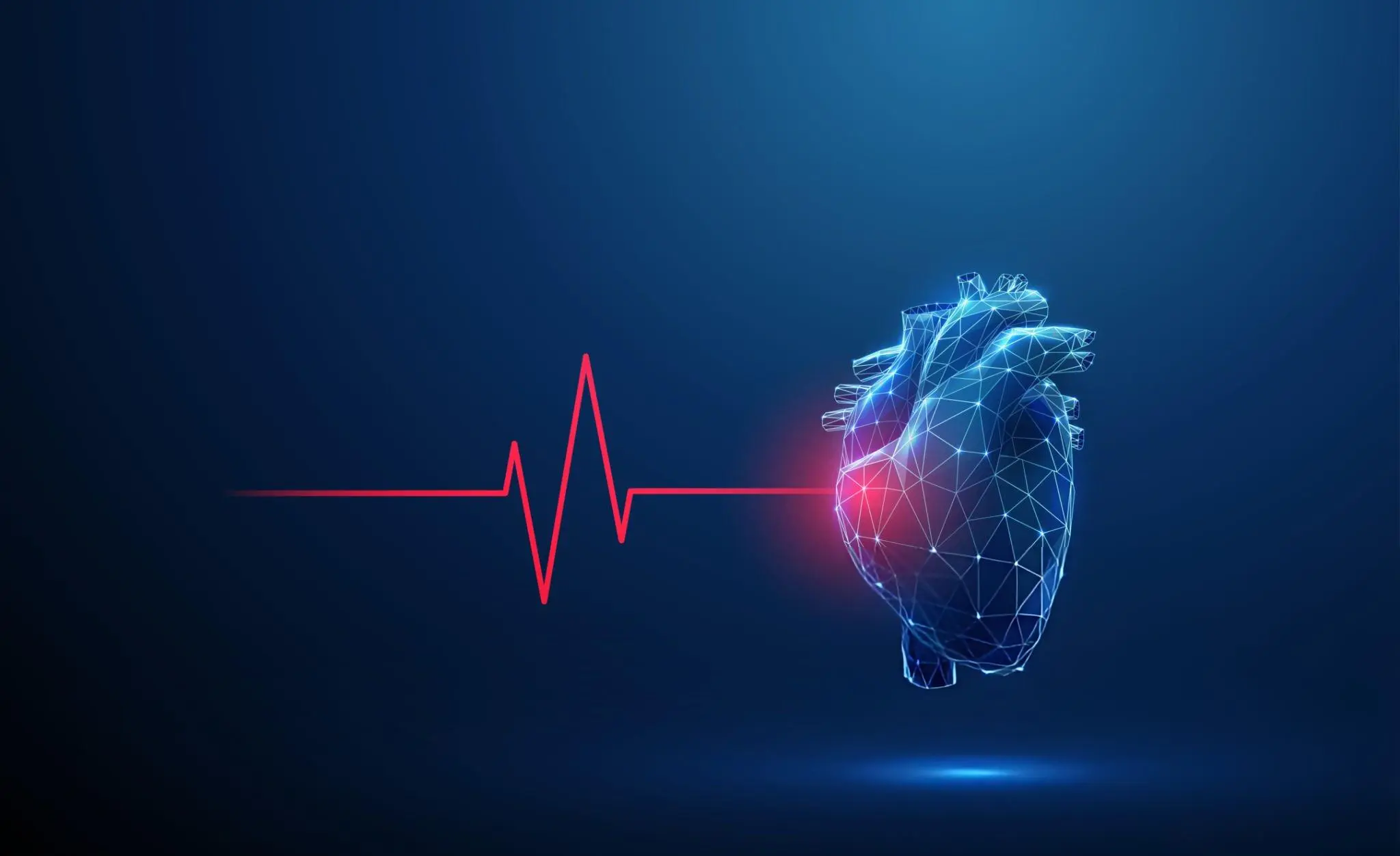 Digital heart illustration with ECG line, representing impaired heart function and stem cell therapy for ischemic cardiomyopathy